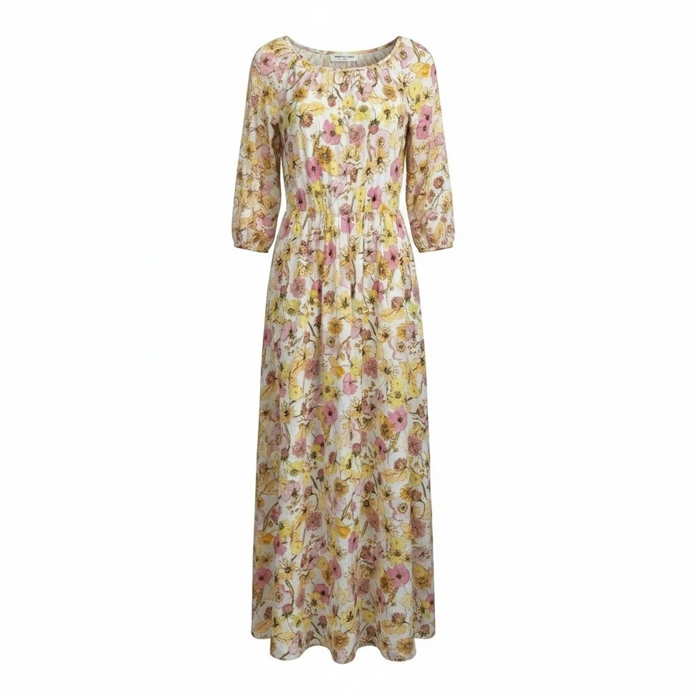 Sonnet James Floral Maxi Play Dress Yellow Pink 3/4 Sleeve Pockets Size S - Picture 2 of 4